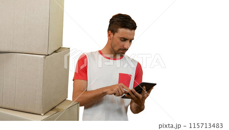 Image of man using tablet with stacks of boxes on white background 115713483