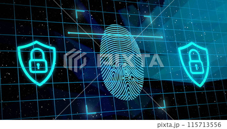 Image of online security padlocks with biometric fingerprint and data processing in background Image of online security padlocks with biometric fingerprint and data processing in background 115713556