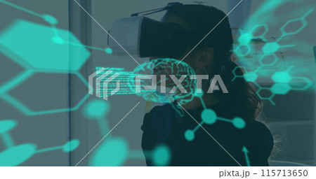 Image of human brain and medical data processing over businesswoman wearing vr headset 115713650
