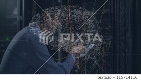 Image of digital brain over asian man in server room Image of digital brain over asian man in server room 115714116