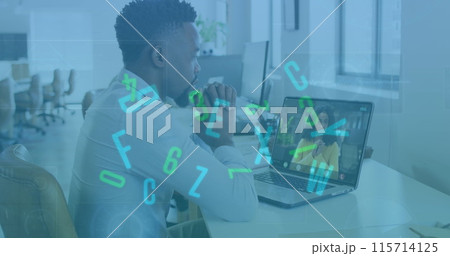 Image of network of connections with icons over businessman using computer Image of network of connections with icons over businessman using computer 115714125