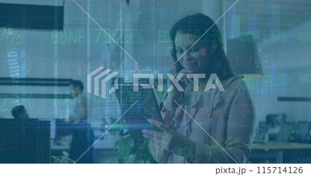 Image of digital interface over business people using phone headsets 115714126