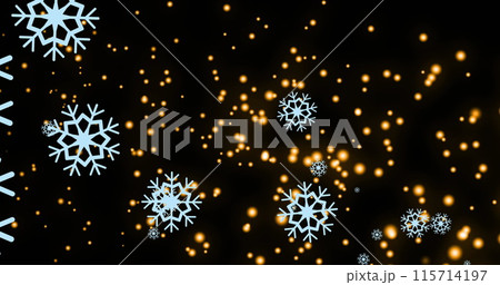 Image of snowflakes over light spots on black background Image of snowflakes over light spots on black background 115714197