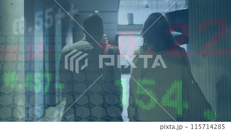 Image of trading board over rear view of diverse coworkers walking in corridor at office Image of trading board over rear view of diverse coworkers walking in corridor at office 115714285