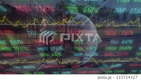 Image of globe, financial data and graphs over diverse girls crossing street Image of globe, financial data and graphs over diverse girls crossing street 115714327