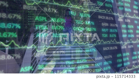 Image of financial data and graphs over african american woman running on stairs Image of financial data and graphs over african american woman running on stairs 115714333