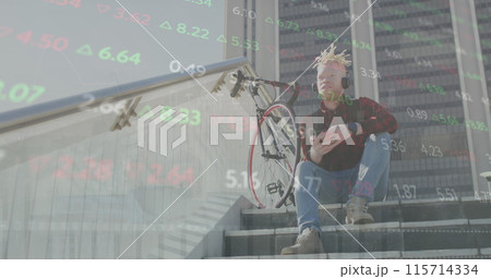 Image of financial data and graphs over african american albino man with bike 115714334