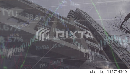 Image of financial data and graphs over cityscape 115714340