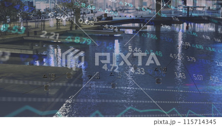 Image of financial data and graphs over cityscape 115714345