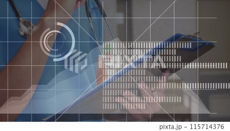Image of circles, audio levels, midsection of caucasian female doctor writing on clipboard 115714376