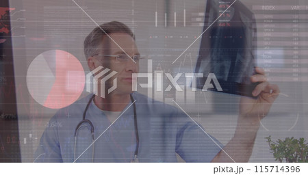 Image of data processing over caucasian male doctor with xray Image of data processing over caucasian male doctor with xray 115714396