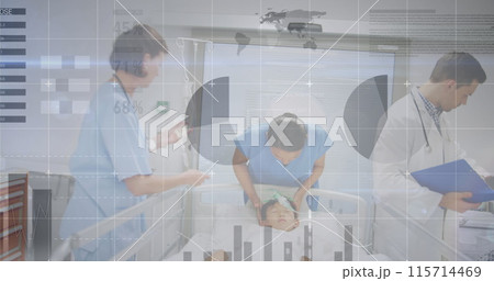 Image of statistics and data processing over business people wearing phone headsets 115714469