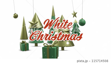 Image of white christmas text over christmas decorations on white background Image of white christmas text over christmas decorations on white background 115714508
