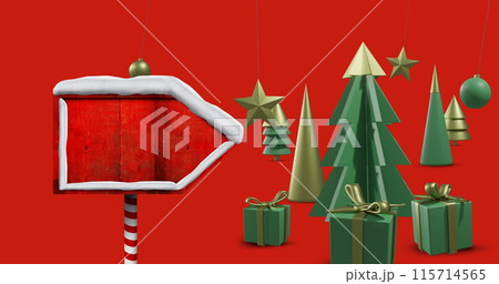 Image of christmas decorations with road sign on red background with copy space 115714565