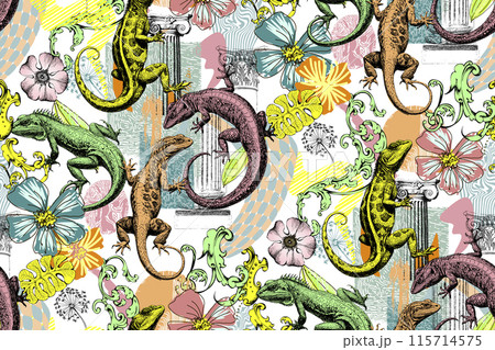 Lizards, antique columns and plants. Seamless pattern. Suitable for fabric, wrapping paper and the like Lizards, antique columns and plants. Seamless pattern. Suitable for fabric, wrapping paper and the like 115714575
