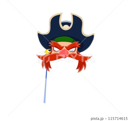 Pirate carnival and photo booth mask. Isolated cartoon vector scowling corsair with an intense expression, adorned with a dark hat, fiery red mustache and stern eyebrows. Disguise for costume parties 115714615