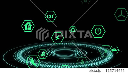 Image of ecology icons over scope scanning on black background 115714633