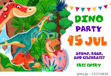 Birthday invite, kids dino party flyer. Vector invitation with cartoon dinosaurs. Cute funny baby dino in the egg, ouranosaurus, styracosaurus and oviraptor amid a jungle backdrop with bunting decor 115714638