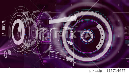 Round scanner and digital interface with data processing against purple background 115714675
