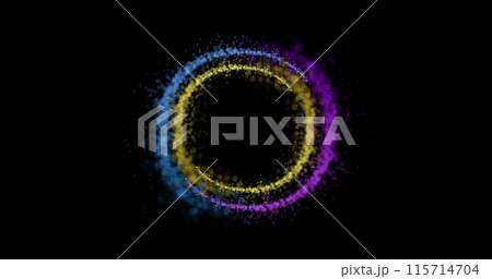 Image of colourful light trails forming circles on black background 115714704