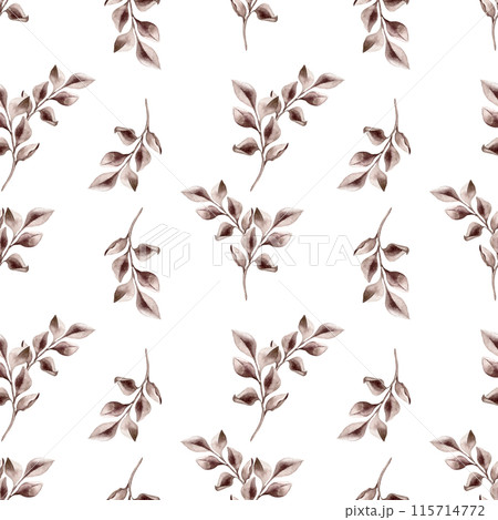 Branches with leaves in burgundy tones watercolor on seamless pattern isolated. Repeating botanical elements hand drawn. The simple and elegant design in vintage style for textile, package, backdrop 115714772
