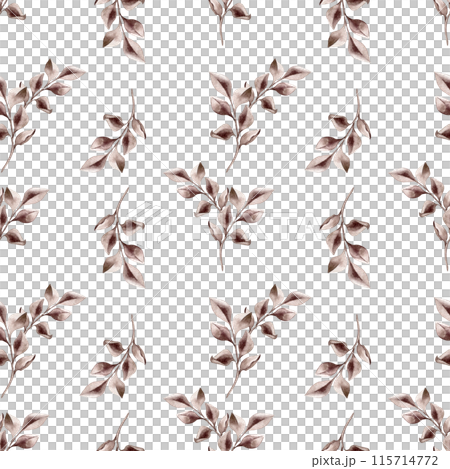 Branches with leaves in burgundy tones watercolor on seamless pattern isolated. Repeating botanical elements hand drawn. The simple and elegant design in vintage style for textile, package, backdrop 115714772