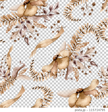 Seamless pattern with flowers on palm leaf monochrome in watercolor brown color. Abstract plants in sienna color on endless background. Fantasy branches hand drawn. Design for textile, backdrop 115714795