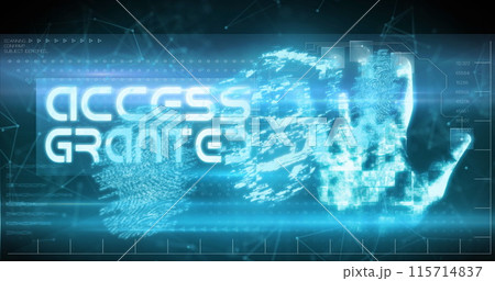 Image of access granted text, online security padlock and biometric fingerprint Image of access granted text, online security padlock and biometric fingerprint 115714837