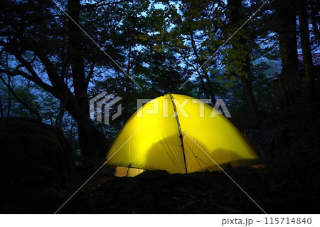 山の中で一夜を過ごすテントの明かり 115714840