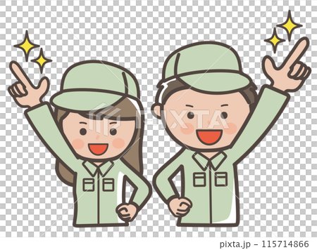 Hope for tomorrow_Illustration of male and female workers and cleaning staff in a pointing pose Hope for tomorrow_Illustration of male and female workers and cleaning staff in a pointing pose 115714866