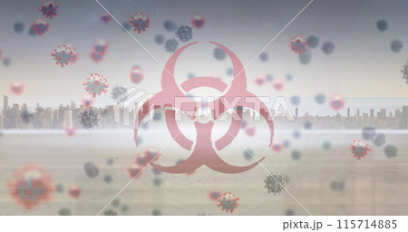 Image of biohazard and virus cells over cityscape 115714885