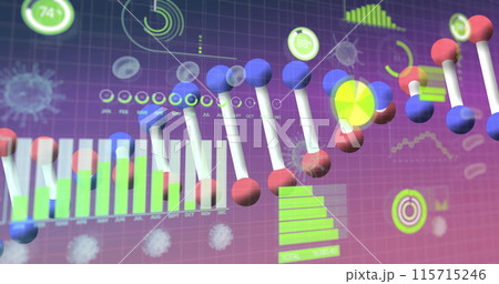 Image of dna strand spinning with data processing and network of connections 115715246