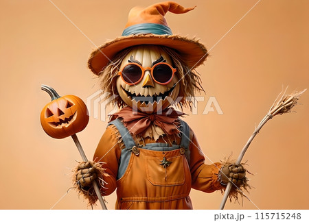 Halloween card, scarecrow in orange tracksuit with pumpkin 115715248
