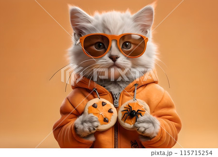 cute cat in sunglasses with Halloween cookies isolated on orange background 115715254