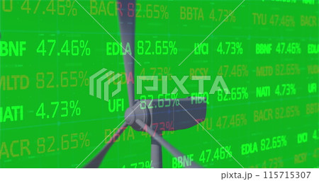 Image of stock market data processing over spinning windmill against green background 115715307
