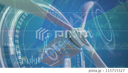 Image of stock market data processing and round scanners against spinning windmill 115715327