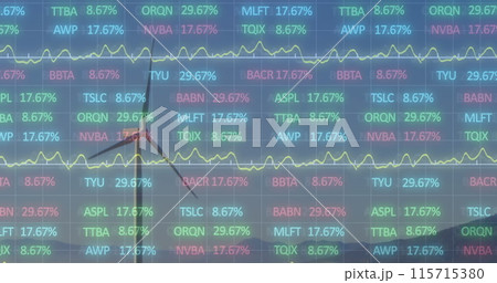 The image shows a stock market display with red, blue, and green stock market tickers and graphs 115715380