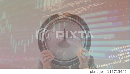 Image of data processing over hands with clock 115715443