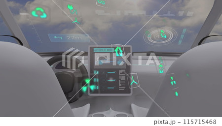 Image of data processing and ecology icons over car Image of data processing and ecology icons over car 115715468