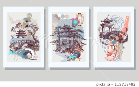 Set of posters. Asian dragon, lanterns, tradition asian palaces. Set of posters. Asian dragon, lanterns, tradition asian palaces. 115715492