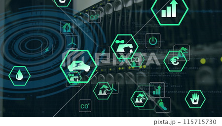 Image of data processing and ecology icons over server room 115715730