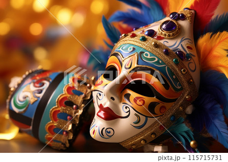 Banner consisting from traditional species carnival mask in beads for celebration holiday Purim, Ai generated 115715731