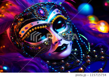 Banner consisting from traditional species carnival mask in beads for celebration holiday Purim, Ai generated 115715734