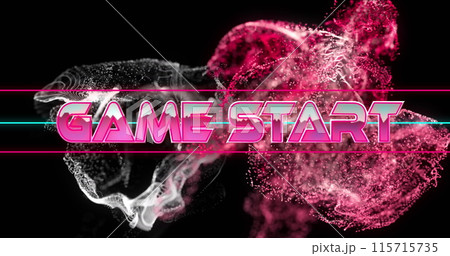 Image of game start text banner over pink and grey glowing digital waves on black background 115715735