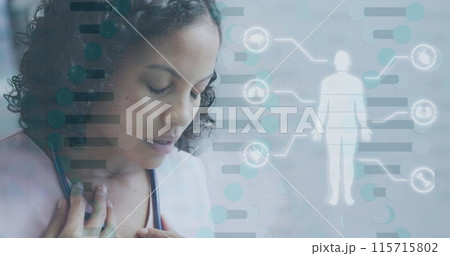 Image of dna strand and medical data processing over biracial female doctor Image of dna strand and medical data processing over biracial female doctor 115715802