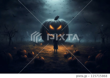 Big orange scary pumpkin on holiday Halloween, Ai generated 115715868