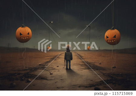 Big orange scary pumpkin on holiday Halloween, Ai generated 115715869