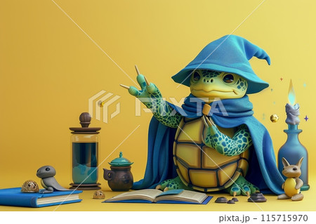 A turtle wearing a blue hat and a blue robe is standing in front of a book with Generative AI 115715970