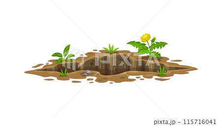 Ground hole, deep dirty pit and burrow. Isolated cartoon vector underground entrance, big crack, natural gap with green grass and stones around. Den of wild animal, soil erosion in garden or in nature 115716041