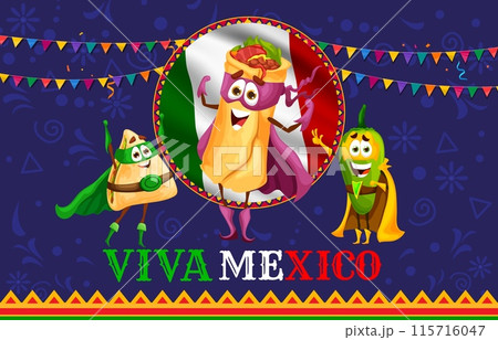 Viva Mexico banner, cartoon Tex Mex or Mexican cuisine characters with national flag, vector background. Funny burrito superhero, quesadilla and pepper in magic cape for Mexican Independence Day Viva Mexico banner, cartoon Tex Mex or Mexican cuisine characters with national flag, vector background. Funny burrito superhero, quesadilla and pepper in magic cape for Mexican Independence Day 115716047